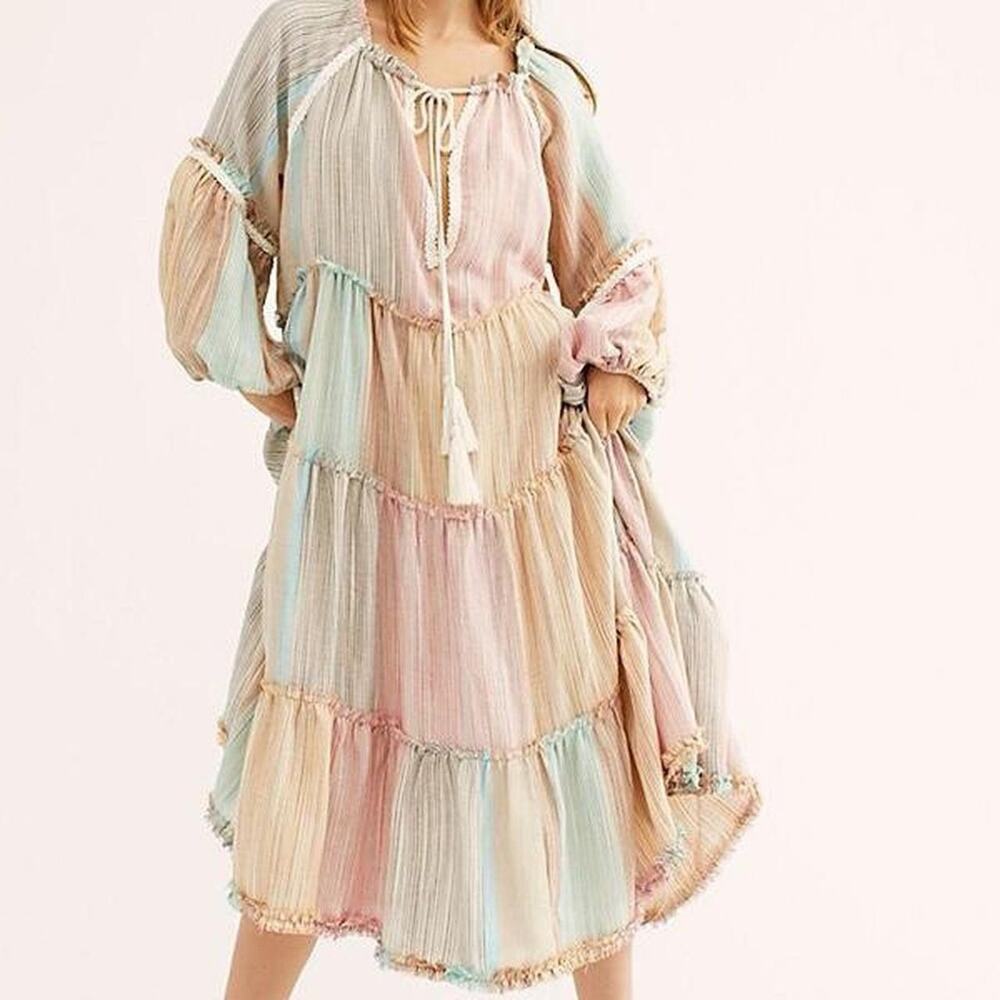 Free People In The Moment Dress Medium Patchwork Tiered Western Boho Angie Smith - Picture 2 of 12